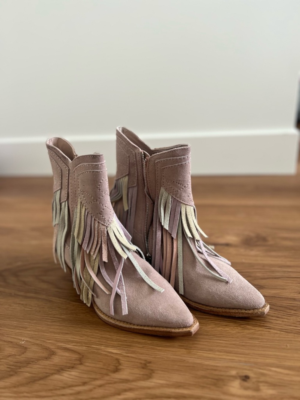 Free People Lawless Fringe Suede Ankle Boots in Dusty Pink Combo